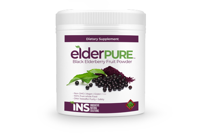 Elderpure-Label-package-with-powder-behind ElderPure Black Elderberry Fruit Powder
